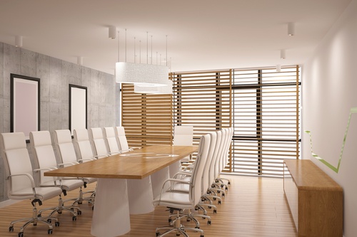 office conference room interior designed with commercial window shutters and blinds